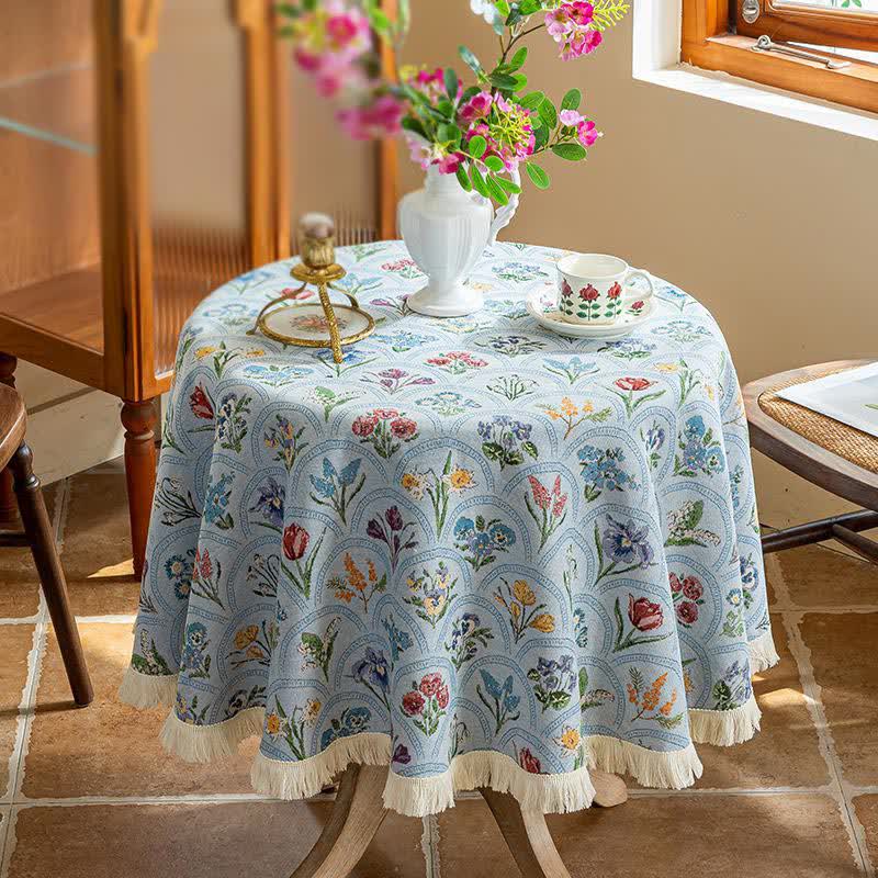 Vintage Blooming Bouquet Tassel Tablecloth - Blue - Round 55" - image 11