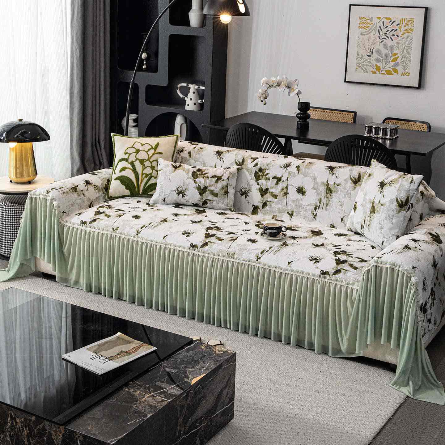 Ink Floral Sofa Cover with Skirt - Green - 71" x 134" - image 0