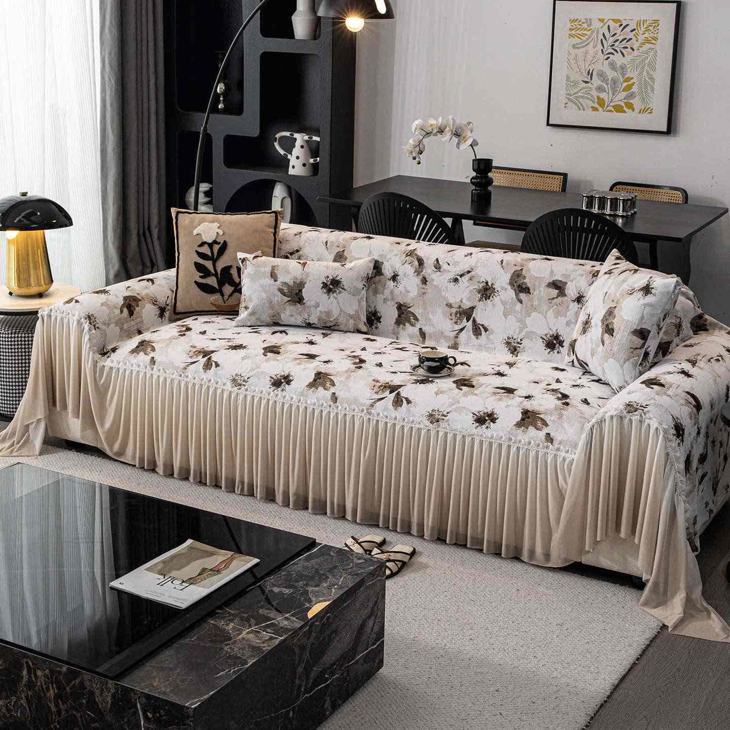 Ink Floral Sofa Cover with Skirt - Brown - 71" x 134" - image 5