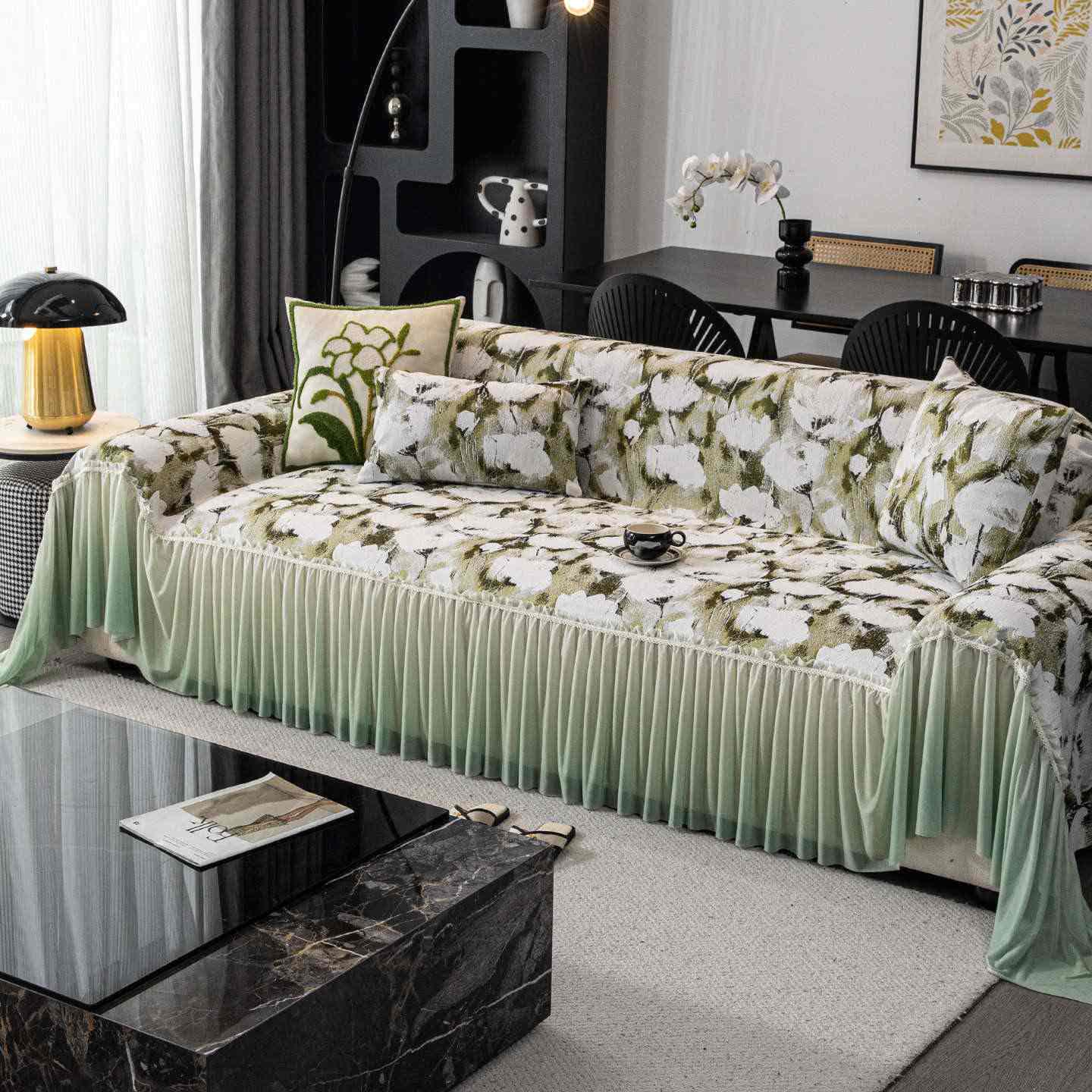 Ink Poppy Sofa Cover with Skirt - Green - 71" x 134" - image 0