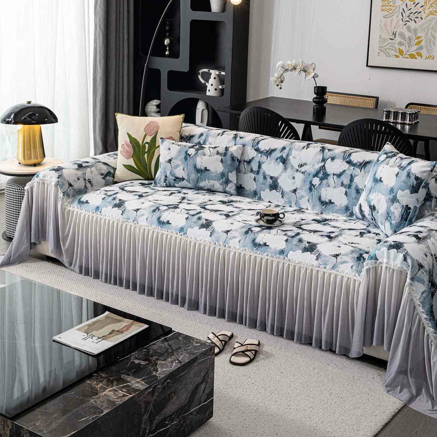 Ink Poppy Sofa Cover with Skirt - Blue - 71" x 134" - image 8