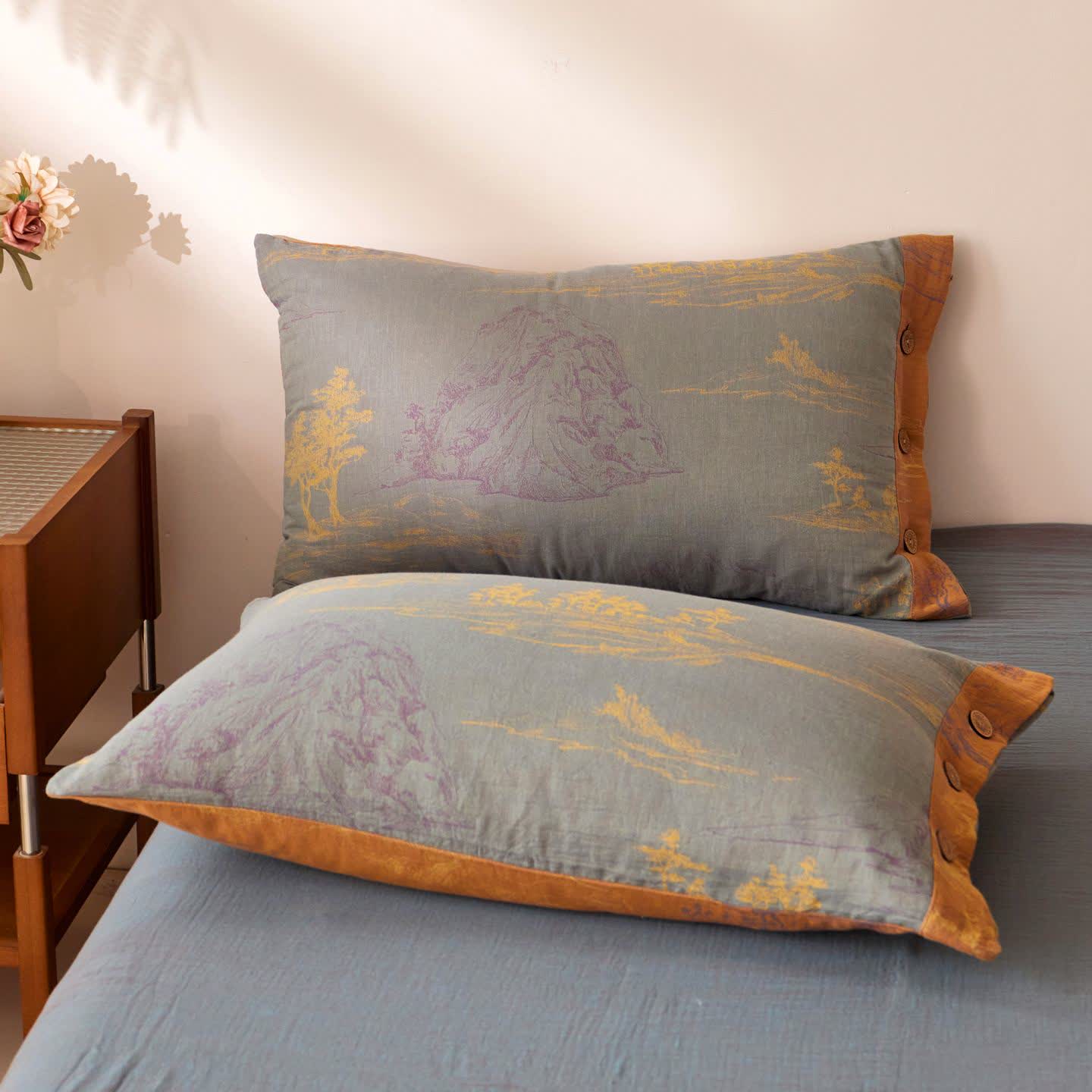 Oriental Tree Cotton Gauze Sheet Bedspread - 2PCS Pillowcases - 19" x 29" - image 2