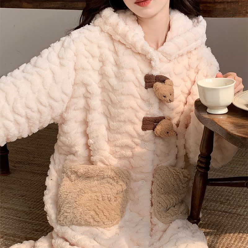 Bear Plush Button Hooded Robe - Robe + Pants - XXL - image 3