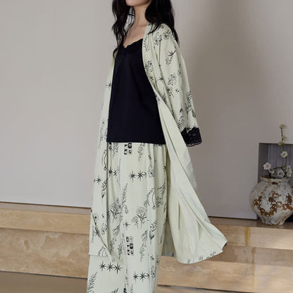 Black Floral Leaf Robe Pajama Set(3PCS) - image 4