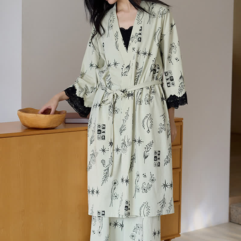 Black Floral Leaf Robe Pajama Set(3PCS) - image 3