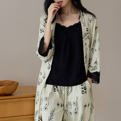 Black Floral Leaf Robe Pajama Set(3PCS) - image 7