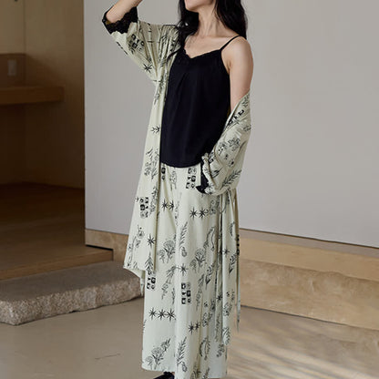 Black Floral Leaf Robe Pajama Set(3PCS) - image 2