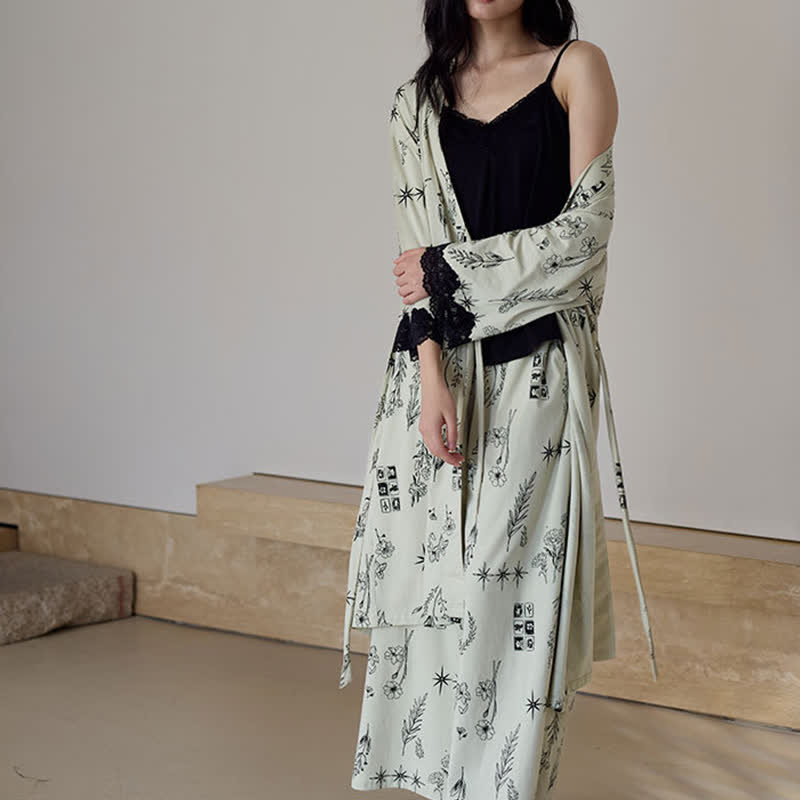 Black Floral Leaf Robe Pajama Set(3PCS) - image 1