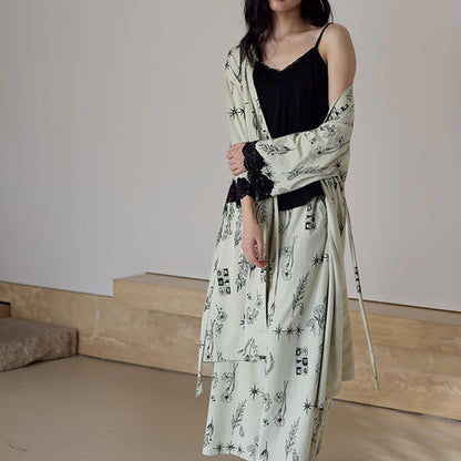 Black Floral Leaf Robe Pajama Set(3PCS) - image 1