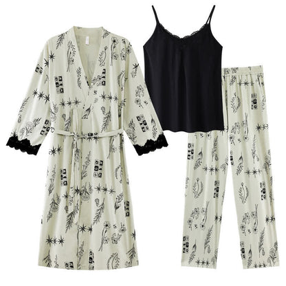 Black Floral Leaf Robe Pajama Set(3PCS) - XL - image 10