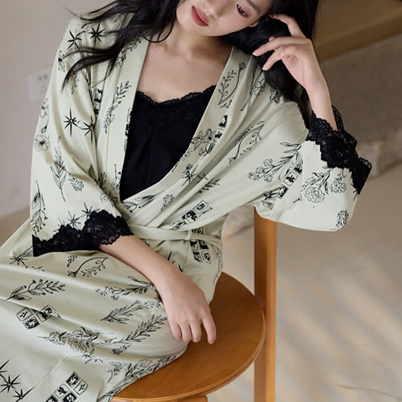 Black Floral Leaf Robe Pajama Set(3PCS) - image 8