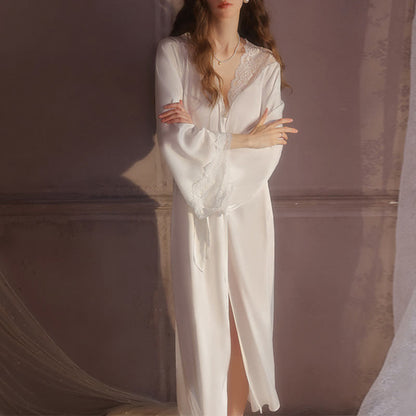 Solid Color Sexy Lace Bathrobe - White - XL - image 4