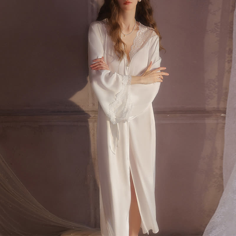 Solid Color Sexy Lace Bathrobe - White - XL - image 0