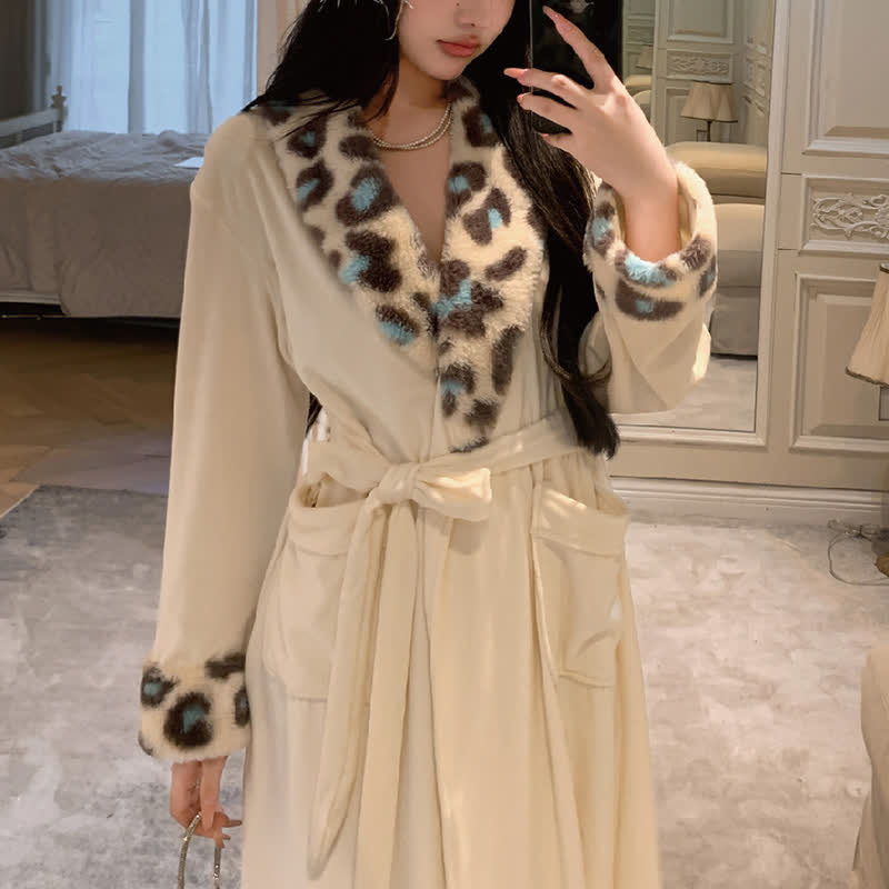 Light Luxury Leopard Collar Plush Robe - Beige - XL - image 6