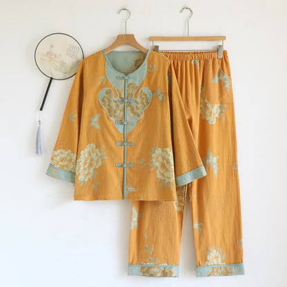 Oriental Style Peony Cotton Pajama Set - Yellow - XL - image 0