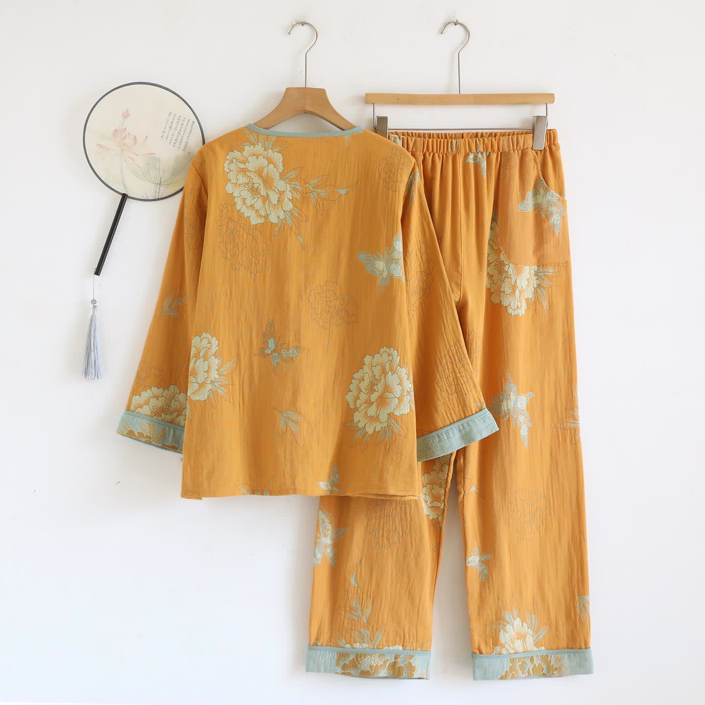 Oriental Style Peony Cotton Pajama Set - image 1
