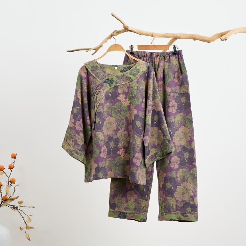 Peach Blossom Oriental Tassel Cotton Pajamas - 2XL - image 0