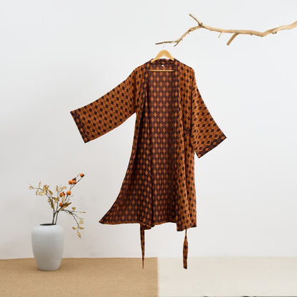 Diamond Plaid Cotton Gauze Kimono Robe - Brown & Yellow - 2XL - image 6
