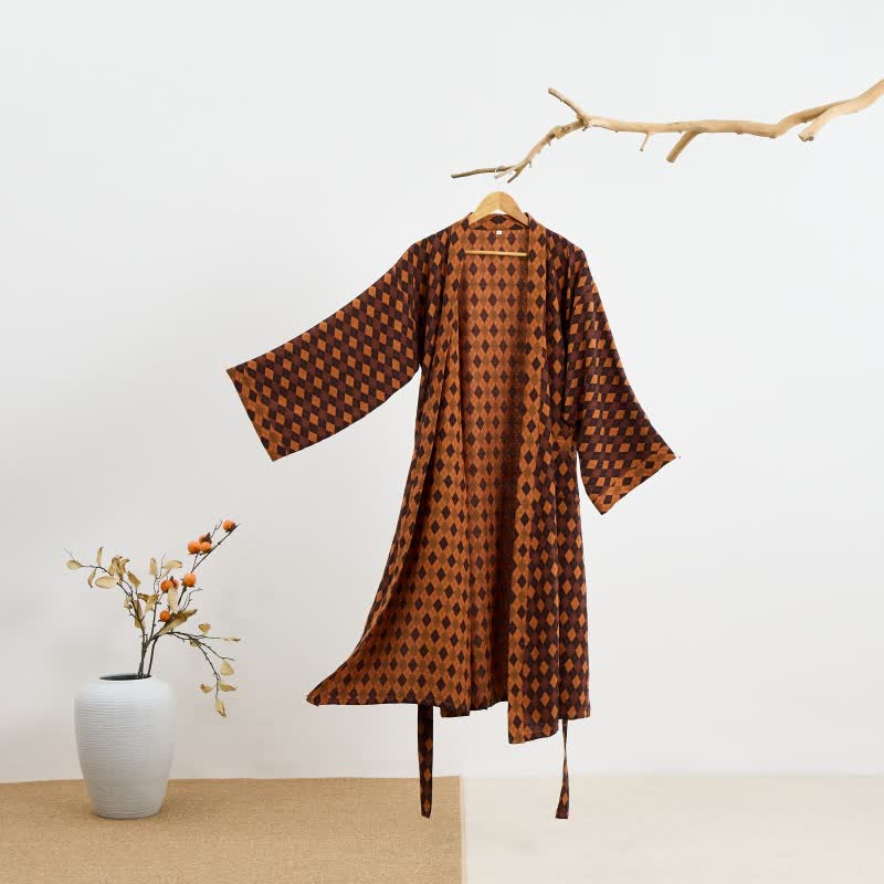 Diamond Plaid Cotton Gauze Kimono Robe - Brown & Red - 2XL - image 0