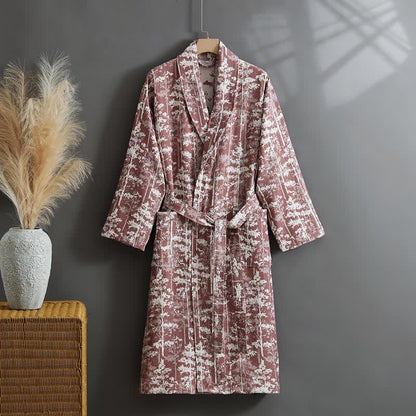 Botanical Cotton Double Layer Gauze Robe - Wine - XL - image 9