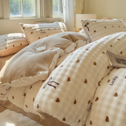 Heart Bowknot Plush Warm Bedding Set - image 2