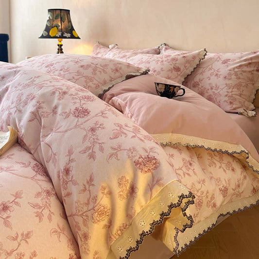 Vintage Floral Cotton Lace Bedding Set - Pink - King - image 0