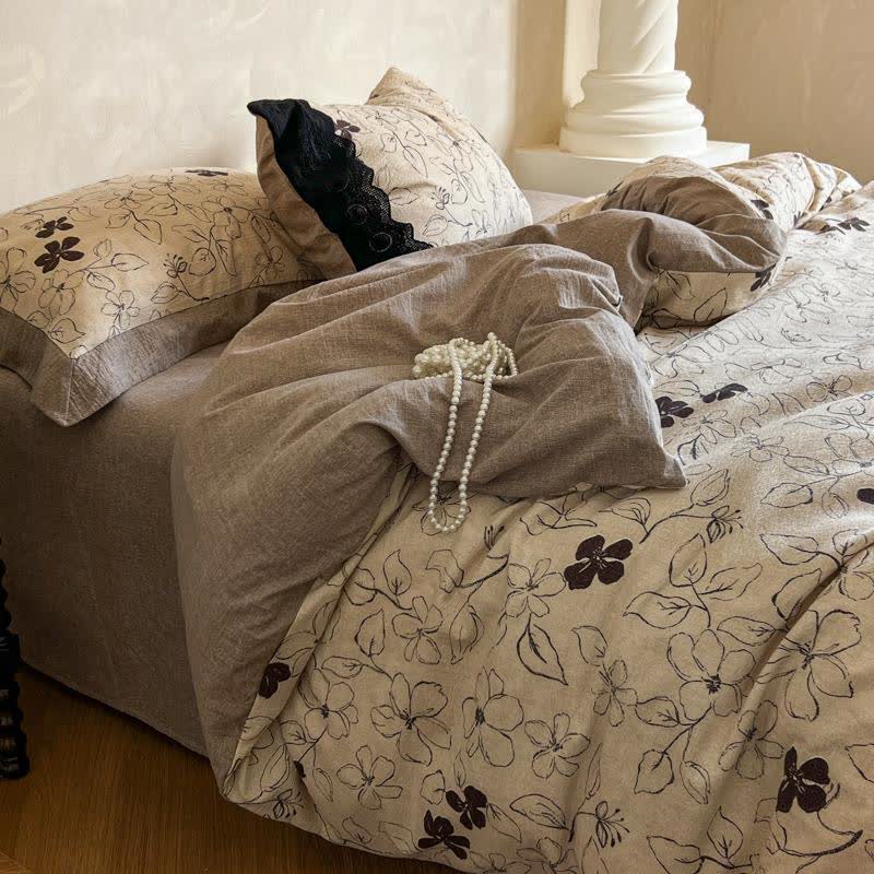 Line Art Floral Linen Bedding Set(4PCS) - Queen - image 0