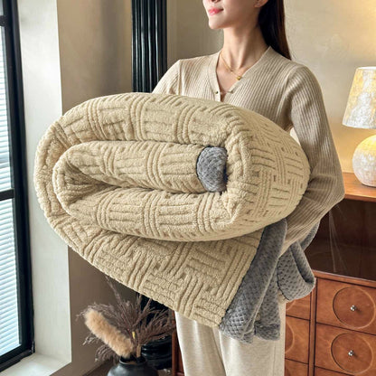 Geometric Embossed Contrast Trim Plush Blanket - Khaki - Queen - image 9