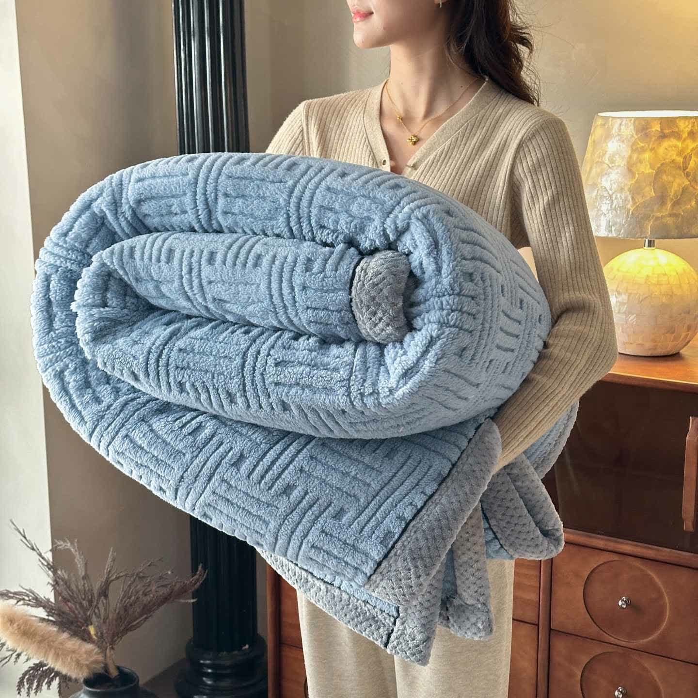 Geometric Embossed Contrast Trim Plush Blanket - Blue - Queen - image 6