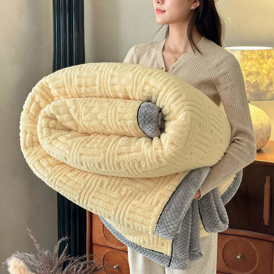 Geometric Embossed Contrast Trim Plush Blanket - Yellow - Queen - image 0