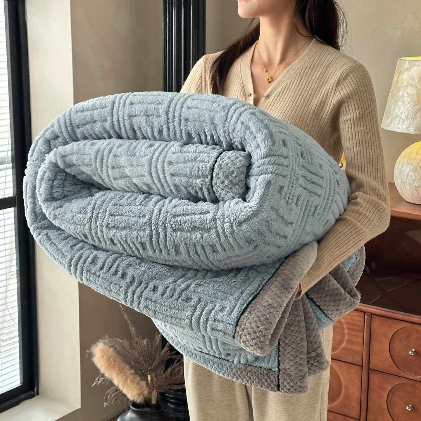 Geometric Embossed Contrast Trim Plush Blanket - Grey - Queen - image 5