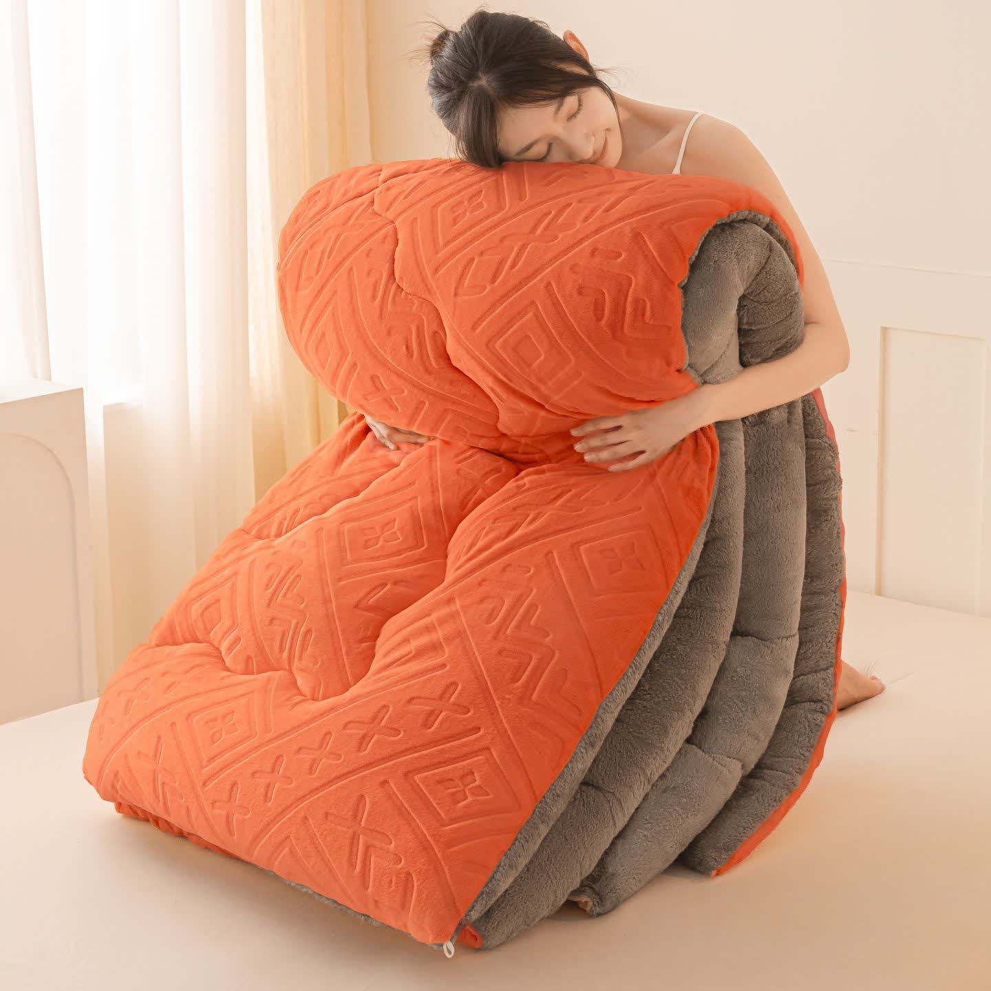 Geometric Pattern Embossed Sherpa Plush Blanket - Orange - King - image 3