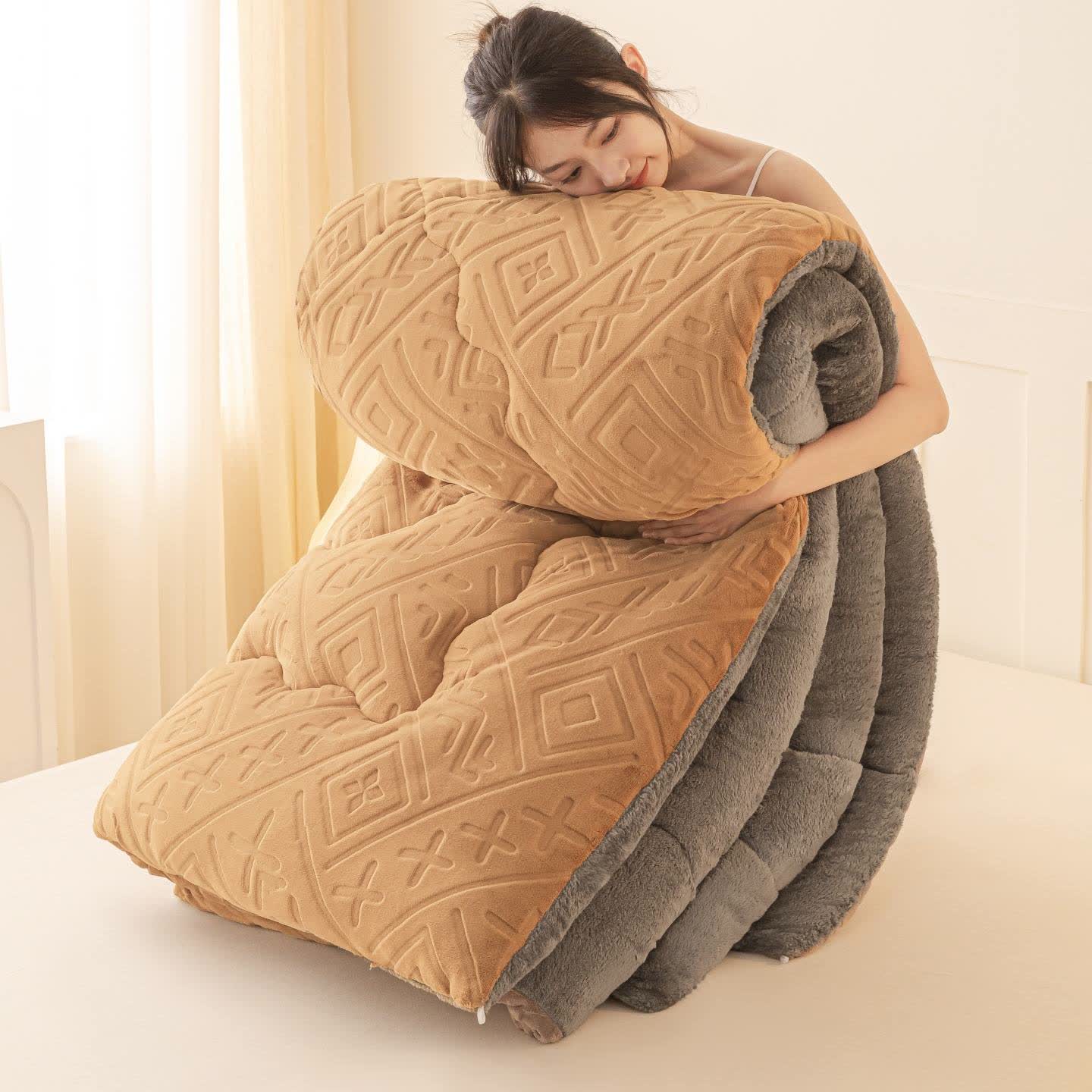 Geometric Pattern Embossed Sherpa Plush Blanket - Coffee - King - image 7