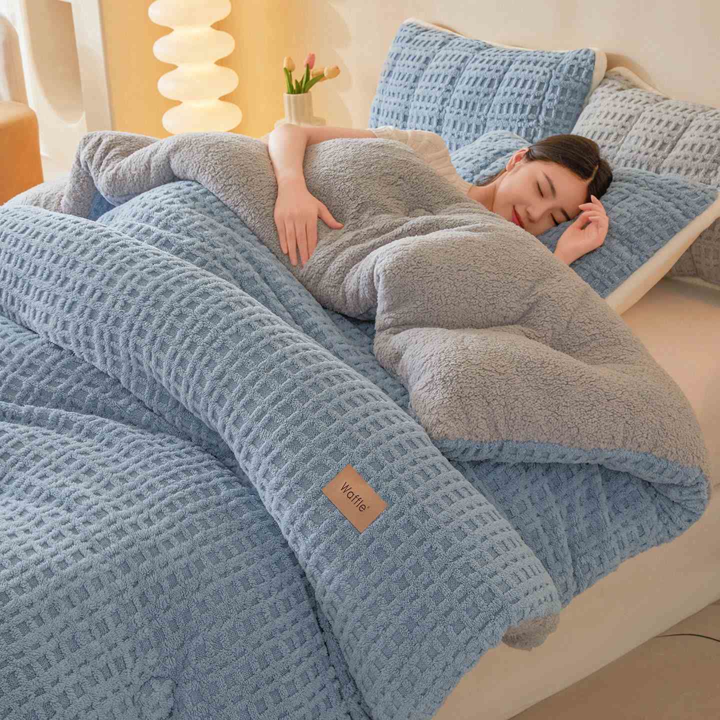 Waffle Jacquard Warm Plush Blanket - Blue - Queen - image 0