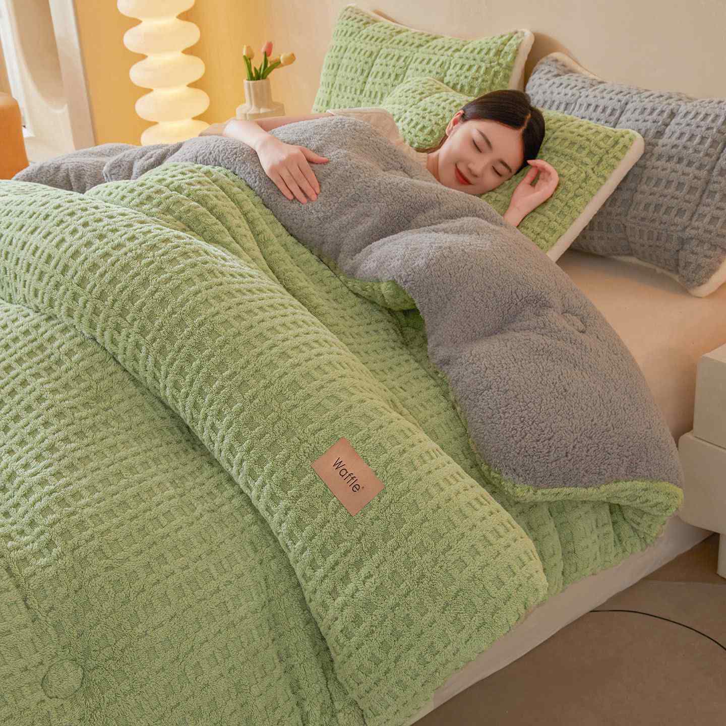 Waffle Jacquard Warm Plush Blanket - Green - Queen - image 10