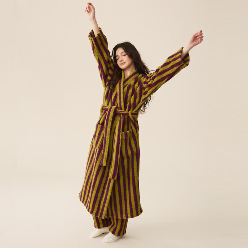 Winter Fleece Modern Stripe Long Bathrobe - Bathrobe with pants - Green & Purple - Women XL - image 6