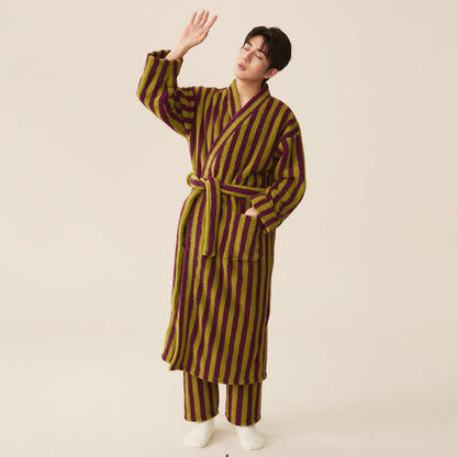 Winter Fleece Modern Stripe Long Bathrobe - Bathrobe with pants - Green & Purple - Men XXL - image 7