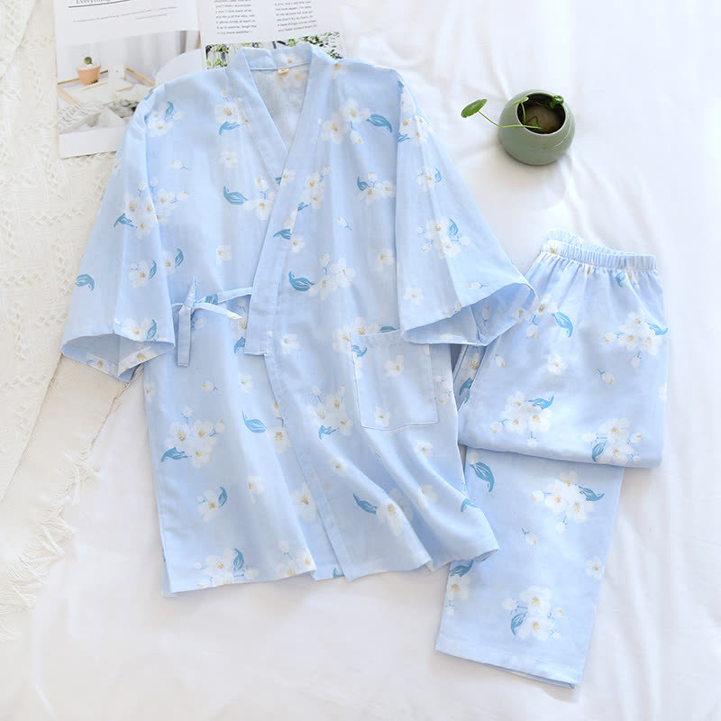 Cotton Gauze V-neck Floral Pajama Set - Nightwear Set - Light Blue - XL - image 11