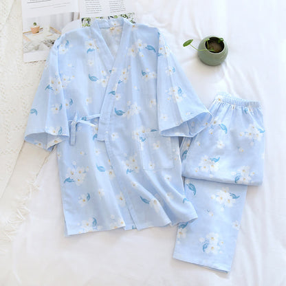 Cotton Gauze V-neck Floral Pajama Set - Nightwear Set - Light Blue - XL - image 11