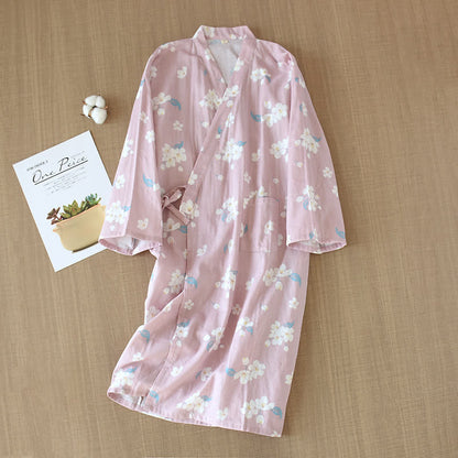 Cotton Gauze V-neck Floral Pajama Set - Nightgown - Pink - L - image 2