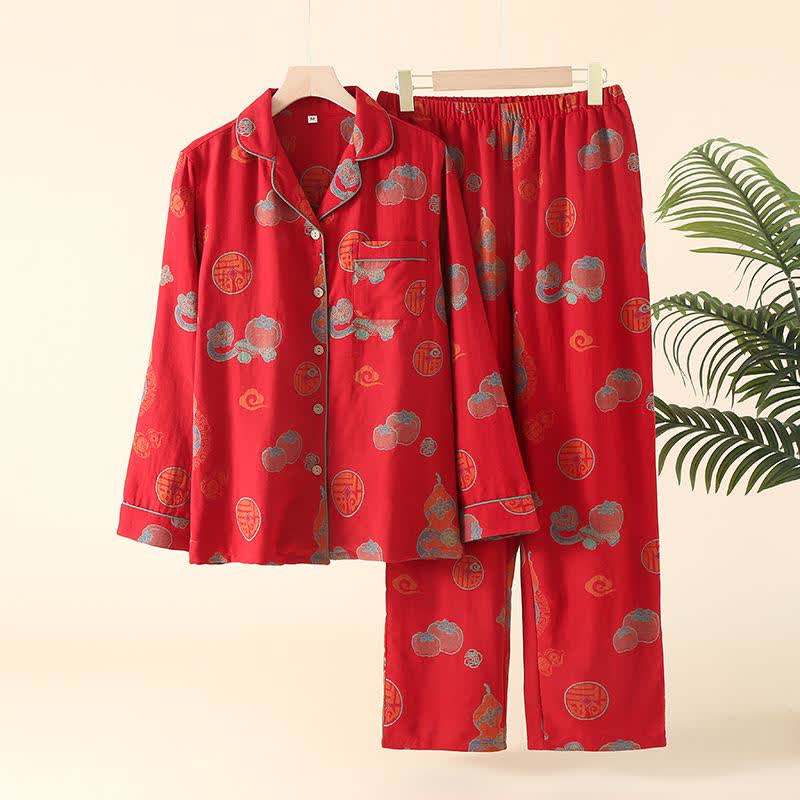 Auspicious Gourd Persimmon Cotton Loungewear Set - Women: Red - XL - image 0
