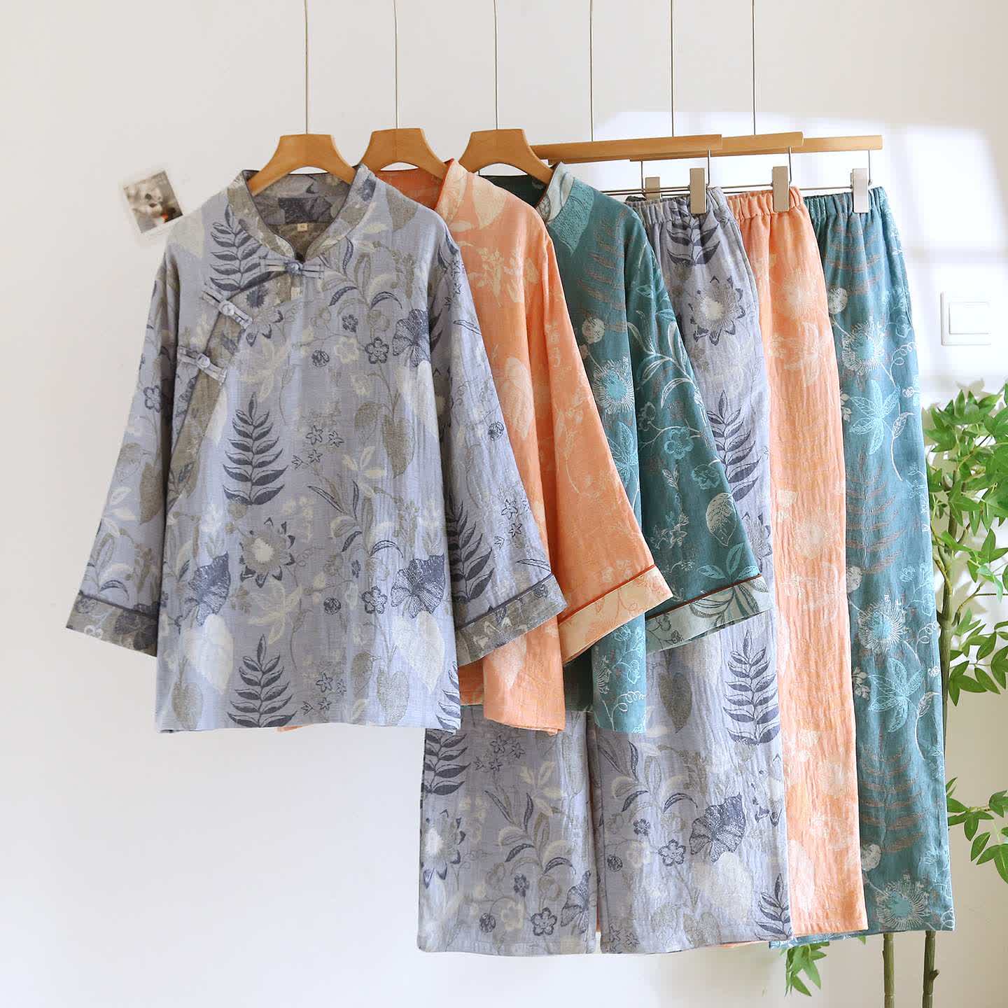 Oriental-Inspired Floral Cotton Gauze Pajama Set - image 0