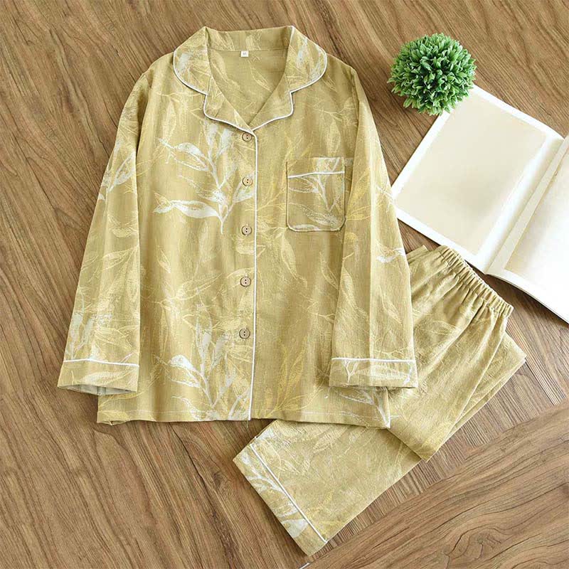 Bamboo Leaf Inspired Cotton Pajama Set - Yellow - XXL - image 3