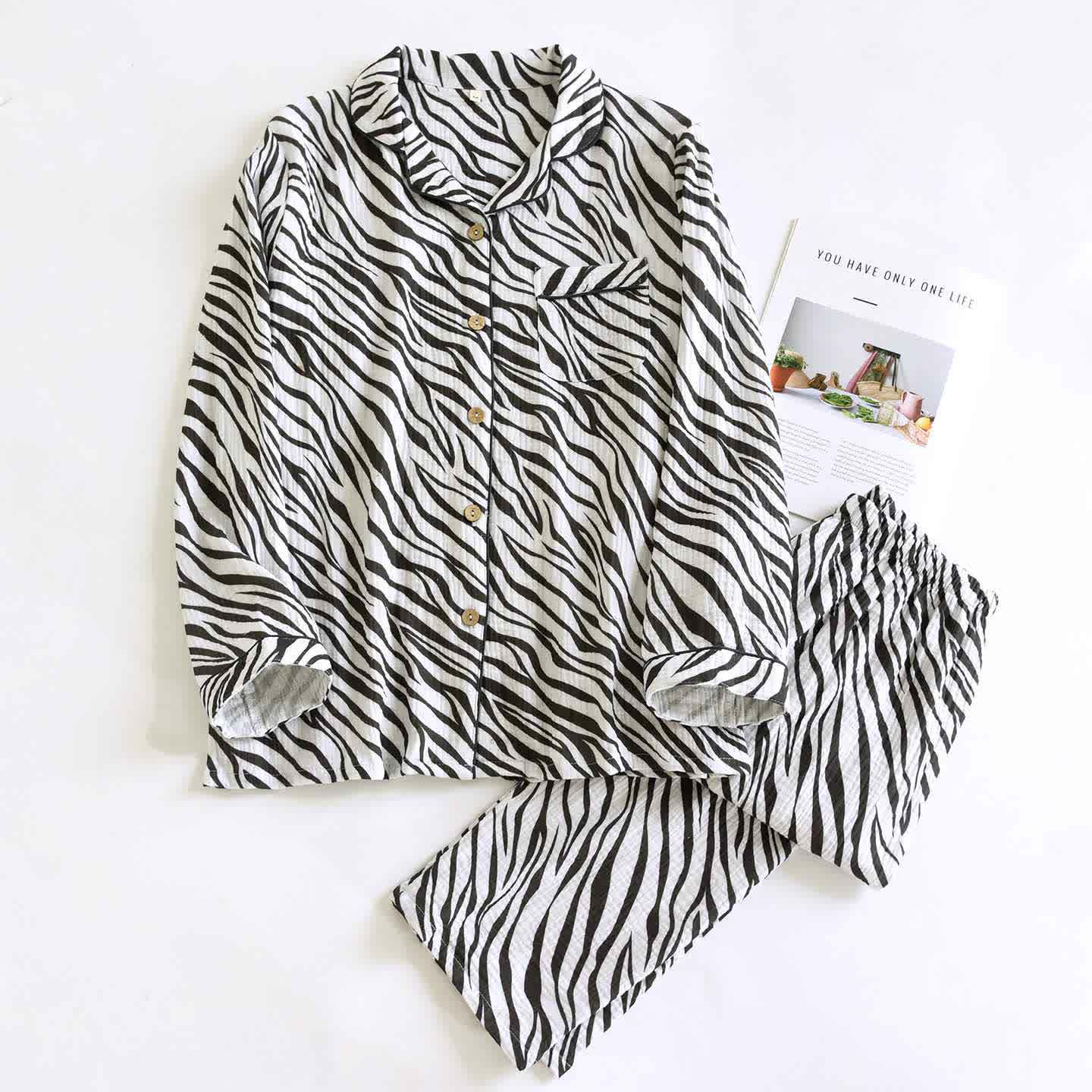 Modern Zebra-striped Cotton Gauze Pajama Set - image 1