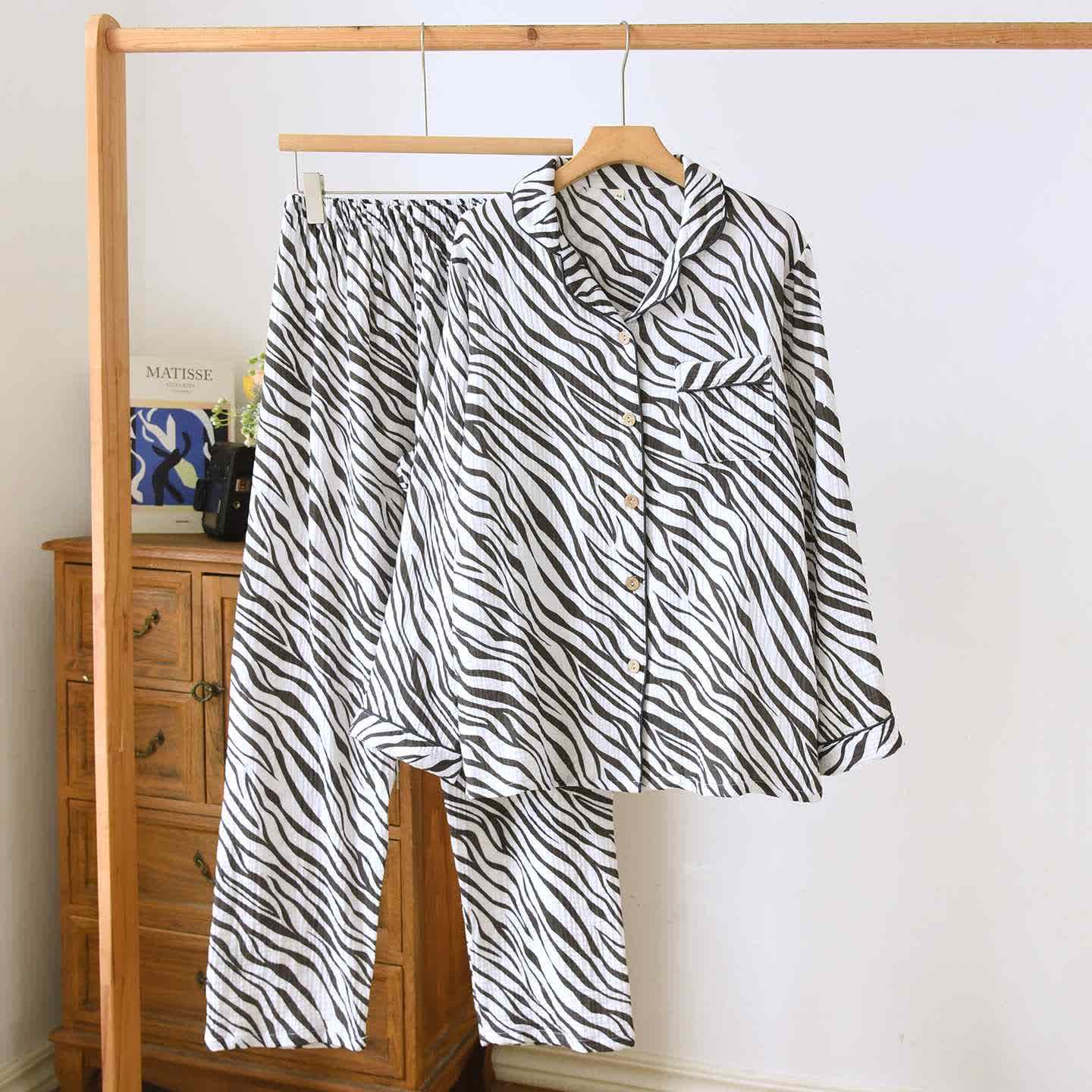 Modern Zebra-striped Cotton Gauze Pajama Set - XL - image 0
