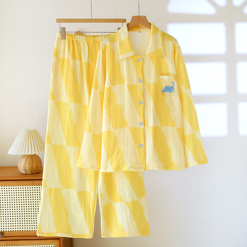 Cat Pocket Plaid Cotton Pajama Set - XL - image 0