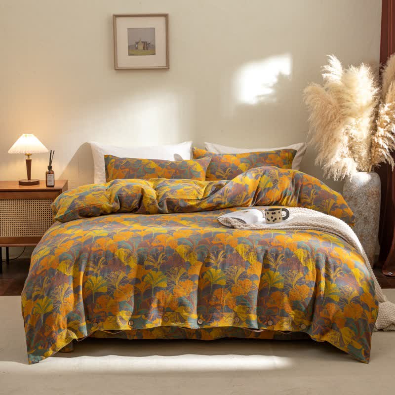 Natural Ginkgo Leaf Cotton Bedding Set (4PCS)  - Yellow - King - image 1