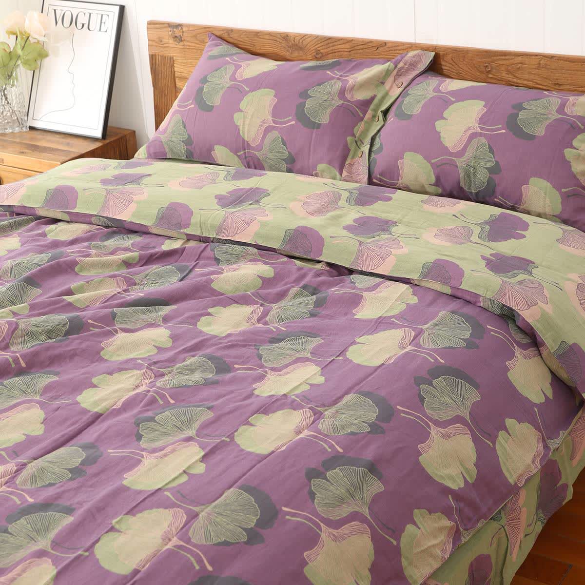 Ginkgo Leaf Cotton Reversible Bedding Set(4PCS) - Dark Purple - Bedding Set - Queen - image 7