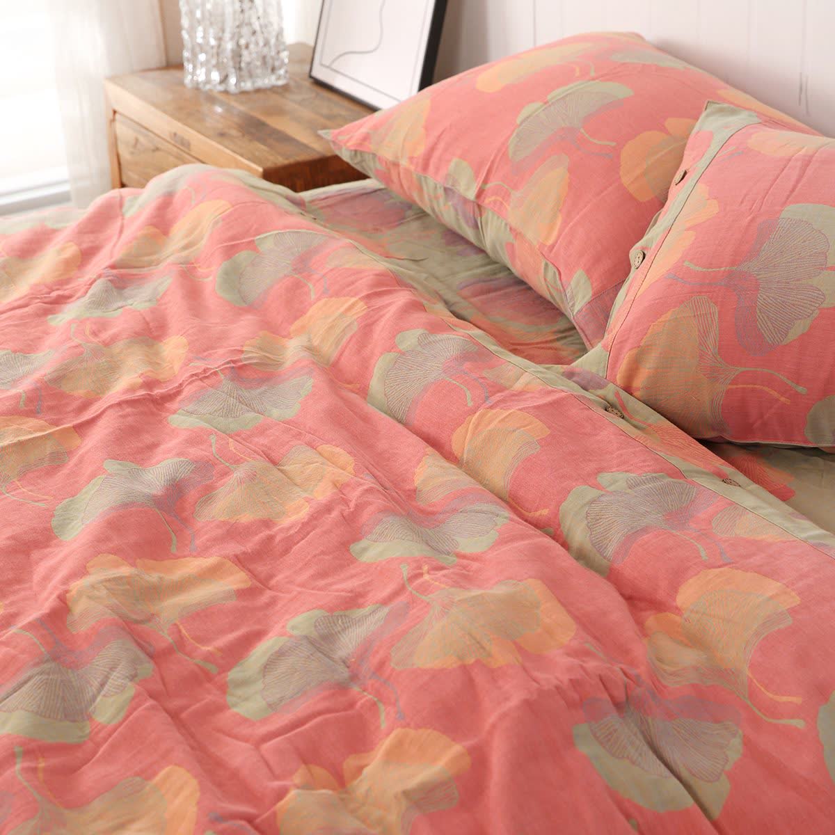 Ginkgo Leaf Cotton Reversible Bedding Set(4PCS) - Pink - Bedding Set - Queen - image 6