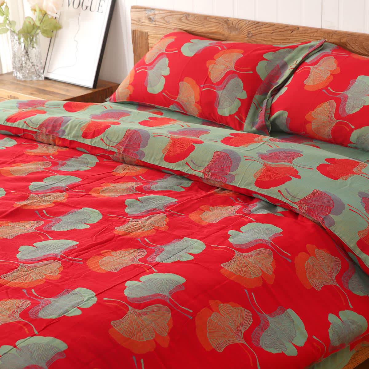 Ginkgo Leaf Cotton Reversible Bedding Set(4PCS) - Red - Bedding Set - Queen - image 3